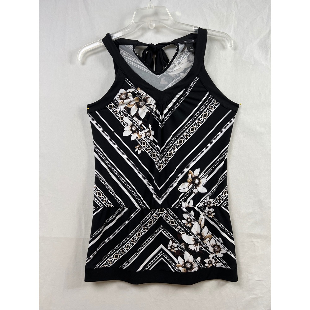 White House Black Market Tunic Top Women S Black White Chevron Floral Tie Back